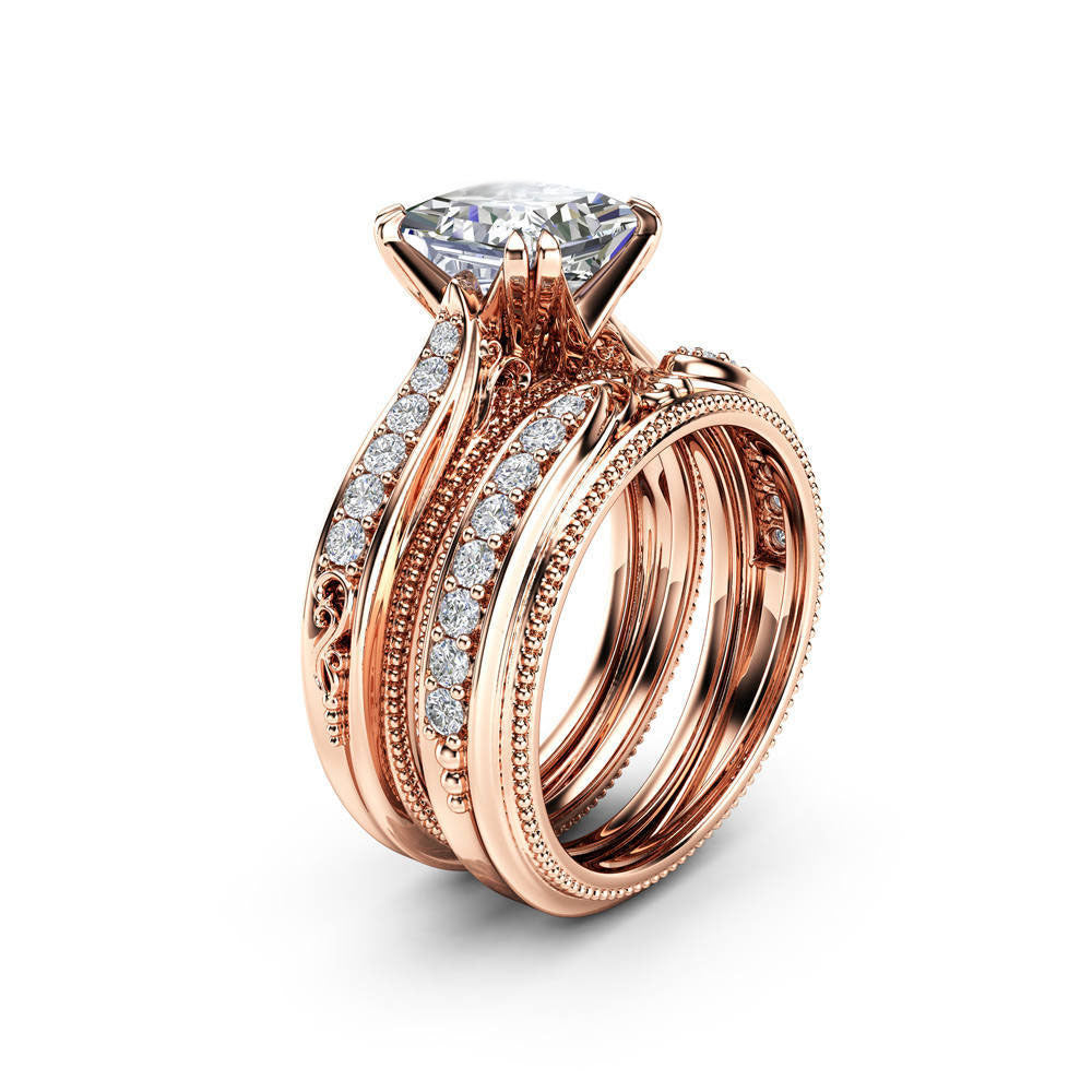 14 Karat Roségold mit weißen Diamantringen Princess Diamond für Damen