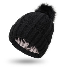 Lade das Bild in den Galerie-Viewer, Fashion Stretchy Satin Lined Skull Knit Hats Beanie Hat For Women Faux Fur Pom Pom Hat Winter Keep Warming Beanie Hat
